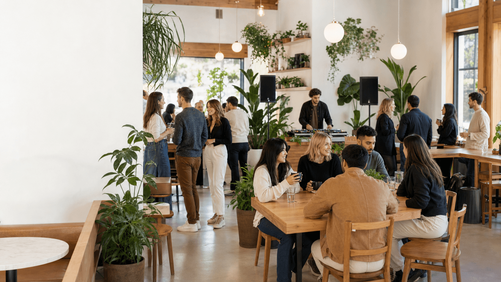 People talking around shared tables in a plant-filled cafe