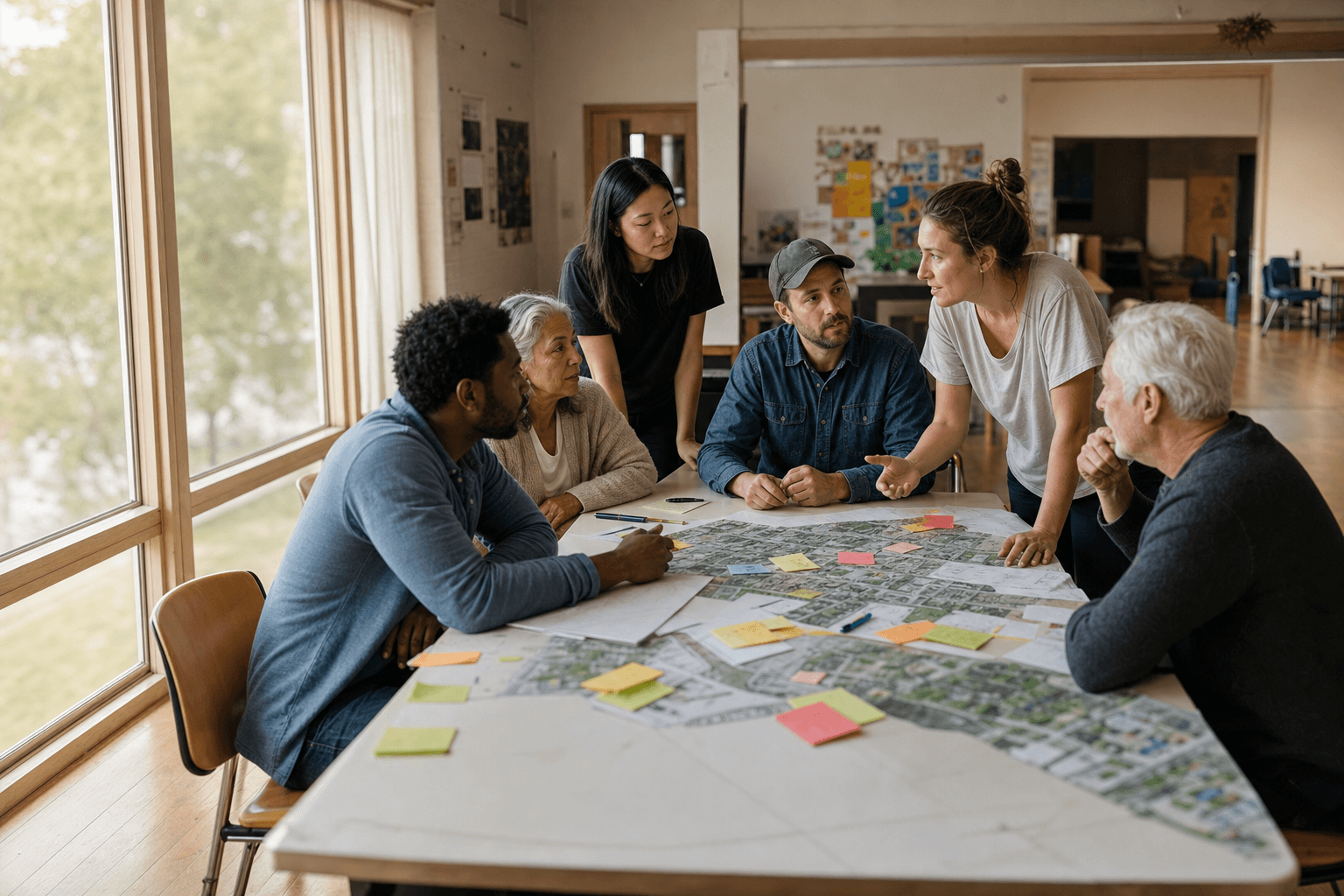 Neighbors studying a community plan together